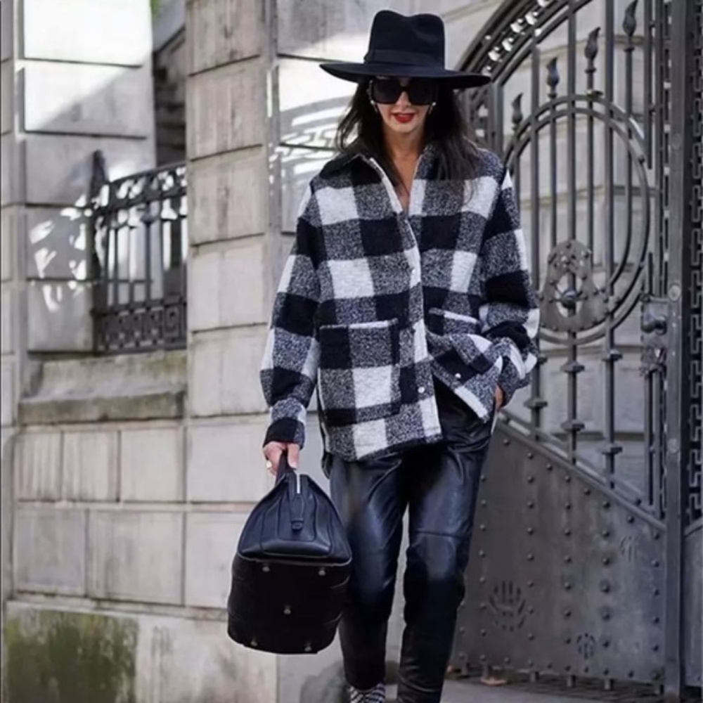 Boho chic plaid checkered black button fall coat - Picture 6 of 16